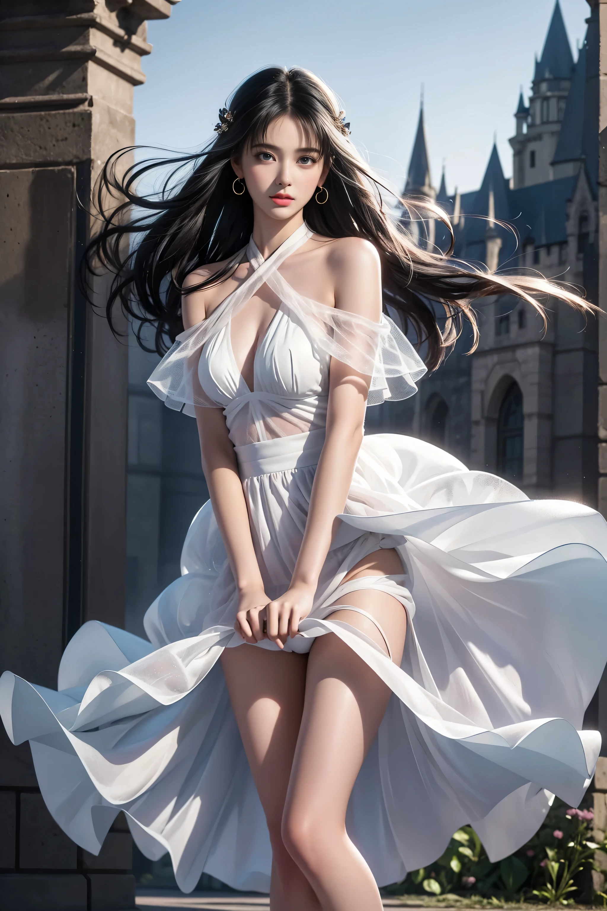 ((Girl standing in front of the wall of an old castle))、Fluorescent color、1 girl、Looking to the side、Beautiful face、Beautiful eyes、（Off the shoulder：1.2）、Upper Body、Shiny Hair、Glowing Skin、 Reduce glare、The proportions of the fingers have been adjusted、Escrow、ass pov、Dynamic Angle、(((Master part)))、(((highest quality)))、(((Super-detailed))) detailed）、（An illustration）、（Detailed light）、（Very delicate and beautiful）、Dramatic_Shadow、Ray_Tracking、reflection、 Ultra-high resolution、((A girl with colorful hair and mesh in her black hair))、 Her hair flutters in the wind、(Large deep blue eyes)、Black Haired Woman、 Sparkling Butterfly、Black-haired woman、Points of light around the woman、Magical Aura、Green dot、Aura About Natural、超Magical AuraBlack-haired woman,((Semi-transparent white open shoulder dress:1.3))、(No sleeve)、((My skirt is flying up in the wind)),((An old European castle is hazy in the distance)),((White panties are visible)),