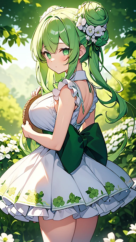 1girl, green hair, two buns, white flower on the head, perfect eyes, white eyes, happy face, white collar, white blouse under the shoulders with green flower print, white skirt with green details, long white stockings, green shoes with heels, basket of flowers in the hands, big breasts, big ass, forest background
