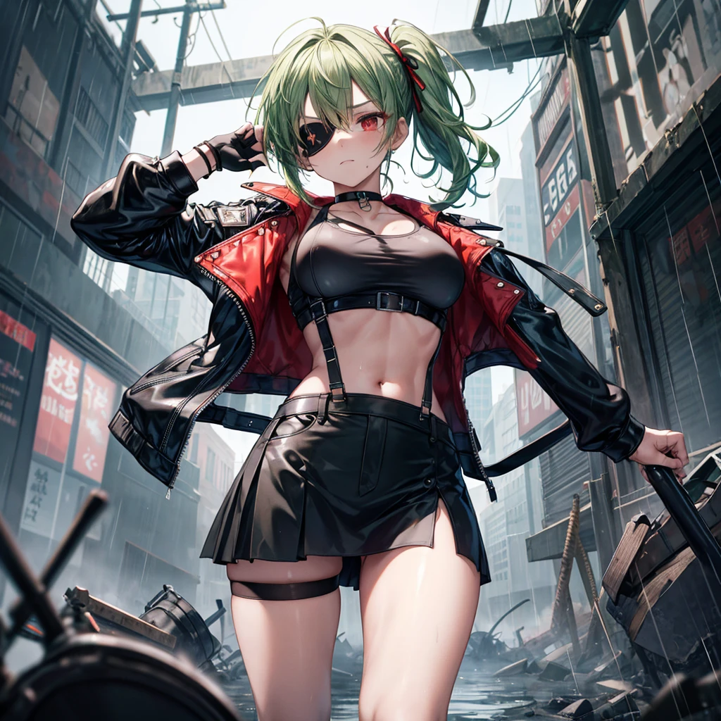 ((Highest quality)), ((masterpiece)), ((detailed)), (4K), 1woman, 独奏, ((eyepatch)), red eye, middle hair, messy hair, green hair, side ponytail, (fighter), crop top, leather jacket, medium breasts, see through, Torn miniskirt, suspender skirt, torn pantyhose, choker, bracelet, ((rain)), (wet), gloves, (expressionless), scowl, (from below), (looking down), face focus, looking at viewer, (open legs), fighting stance, wasteland, town, blurry background