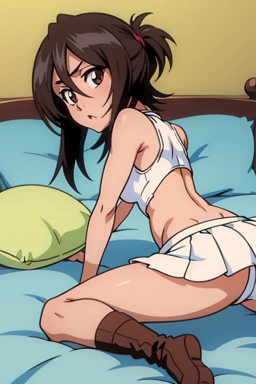 tennis girl's massive rear butt cheeks out of bottomless slutty mini skirt out bare and brown boots, showing her butt, lying down, on bed, wearing oven mittens under big pillow, blindfold
