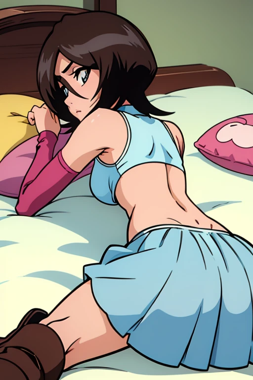 tennis girl's massive rear butt cheeks out of bottomless slutty mini skirt out bare and brown boots, showing her butt, lying down, on bed, wearing oven mittens under big pillow, blindfold