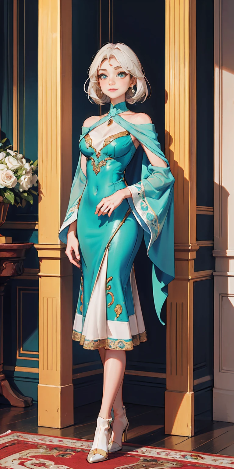 Setting: Royal bedroom - Grand, opulent, with rich fabrics and tapestries Character: Appearance: White hair - Short, styled in a sharp bob Full figure - Curvaceous Attire: High boots - Leather, reaching up the calves Elegant outfit - Befitting the royal setting (consider a dress, gown, or ensemble) Red tattoo - Delicate design on the navel Face - A confident smirk plays on her lips, eyes sparkling with amusement Pose: Full body - Standing tall Hands - Resting on hips in a commanding posture Additional details: (add to the background a four-poster bed, a plush rug, ornate furniture)