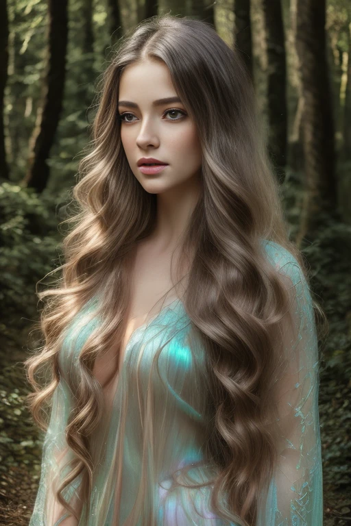 a beautiful sexual fairy, detailed ethereal face, long eyelashes, full lips, delicate skin, flowing hair,  , iridescent colors, magical forest background, fantasy landscape, photorealistic, 8k, hyper detailed, cinematic lighting, dramatic shadows, vibrant colors, intricate details, full body