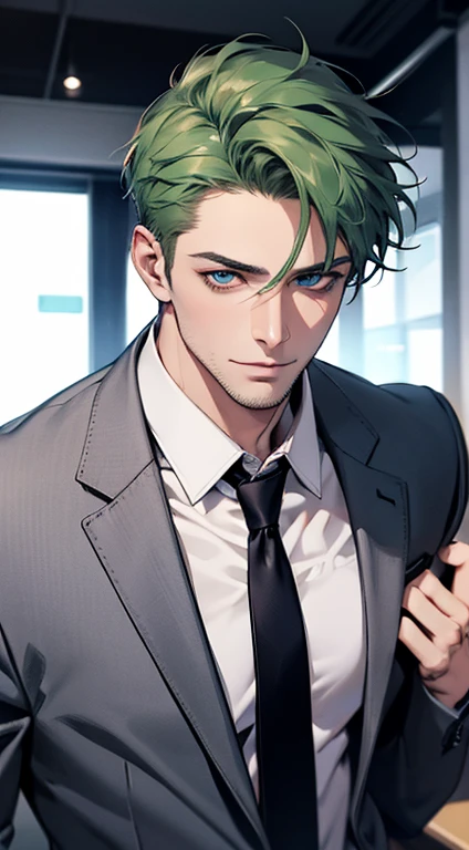 (best quality,4k,8k,highres,masterpiece:1.2),ultra-detailed,(realistic,photorealistic,photo-realistic:1.37),1 man,31 years old,mature man,very handsome,without expression,smile,short green hair,blue eyes,penetrating gaze,perfect face without errors,imposing posture,businessman,office background,cinematic lighting,hdr image