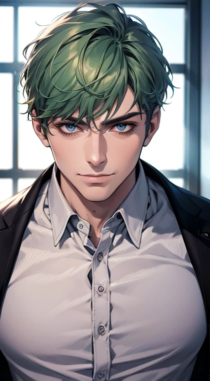 (best quality,4k,8k,highres,masterpiece:1.2),ultra-detailed,(realistic,photorealistic,photo-realistic:1.37),1 man,31 years old,mature man,very handsome,without expression,smile,short green hair,blue eyes,penetrating gaze,perfect face without errors,imposing posture,businessman,office background,cinematic lighting,hdr image