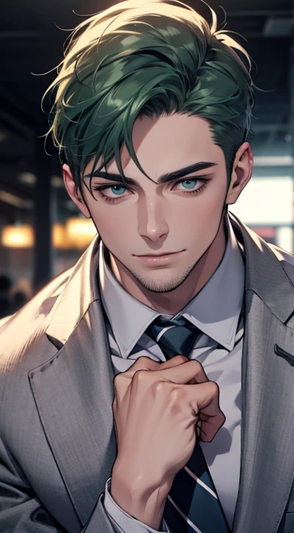 (best quality,4k,8k,highres,masterpiece:1.2),ultra-detailed,(realistic,photorealistic,photo-realistic:1.37),1 man,31 years old,mature man,very handsome,without expression,smile,short green hair,blue eyes,penetrating gaze,perfect face without errors,imposing posture,businessman,office background,cinematic lighting,hdr image