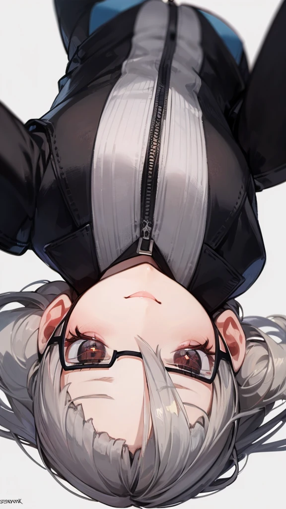 masterpiece, concept art, upside down, close up shot, like selfies, head to toe((must)), aschgray haired early 20's Russian girl, cyberpank fashion, wearing simple eyeglasses, background is mochabrown