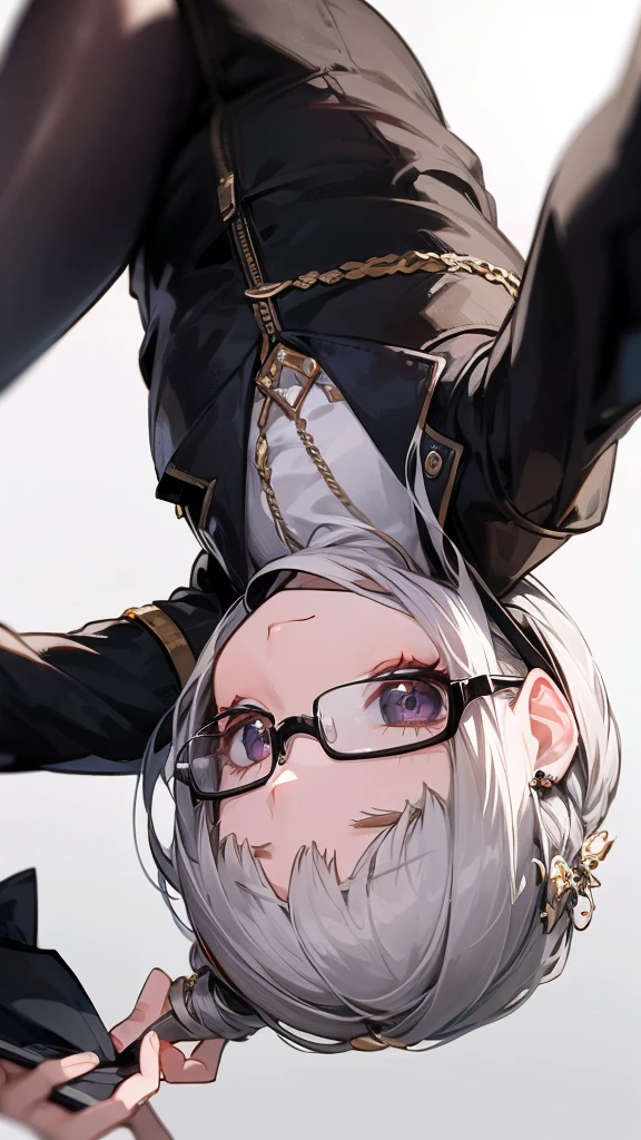 masterpiece, concept art, upside down, close up shot, like selfies, head to toe((must)), aschgray haired early 20's Russian girl, cyberpank fashion, wearing simple eyeglasses, background is mochabrown