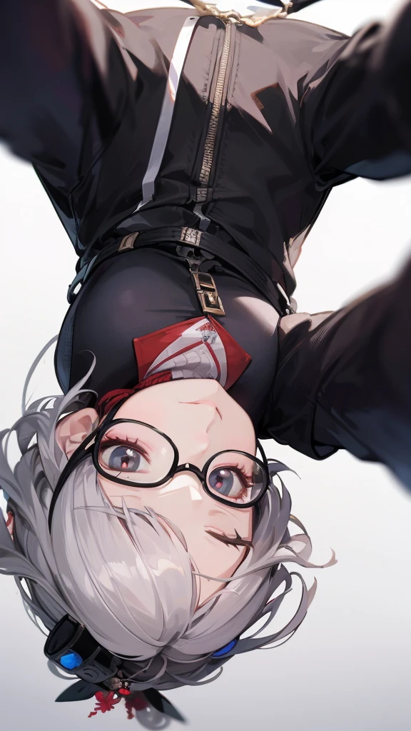 masterpiece, concept art, upside down, close up shot, like selfies, head to toe((must)), aschgray haired early 20's Russian girl, cyberpank fashion, wearing simple eyeglasses, background is mochabrown