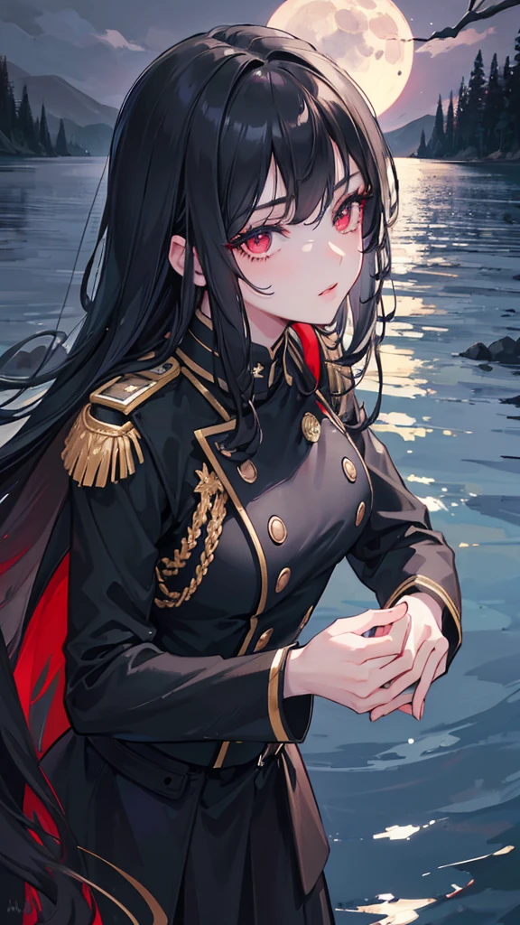 a beautiful young girl in a black military uniform, black long hair, red eyes, standing under a full moon with the moonlight casting shadows on her face, reflected in the calm waters of a lake, with ethereal, fantastical atmosphere, (best quality,4k,8k,highres,masterpiece:1.2),ultra-detailed,(realistic,photorealistic,photo-realistic:1.37),highly detailed face, eyes, lips, long eyelashes, dramatic lighting, dramatic shadows, beautiful detailed eyes, beautiful detailed lips, extremely detailed eyes and face, long eyelashes, military uniform, black hair, red eyes, full moon, moonlight, lake, water reflection, light particles, fantasy, dramatic, cinematic