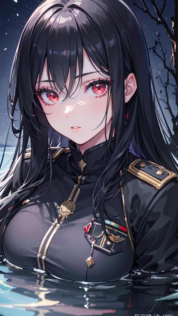 a beautiful young girl in a black military uniform, black long hair, red eyes, standing under a full moon with the moonlight casting shadows on her face, reflected in the calm waters of a lake, with ethereal, fantastical atmosphere, (best quality,4k,8k,highres,masterpiece:1.2),ultra-detailed,(realistic,photorealistic,photo-realistic:1.37),highly detailed face, eyes, lips, long eyelashes, dramatic lighting, dramatic shadows, beautiful detailed eyes, beautiful detailed lips, extremely detailed eyes and face, long eyelashes, military uniform, black hair, red eyes, full moon, moonlight, lake, water reflection, light particles, fantasy, dramatic, cinematic