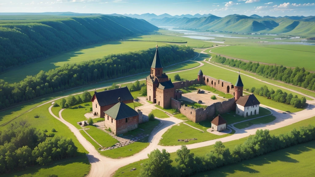 Beautiful scenery of ancient Russian village. Aerial view, Photorealistic photos. High definition