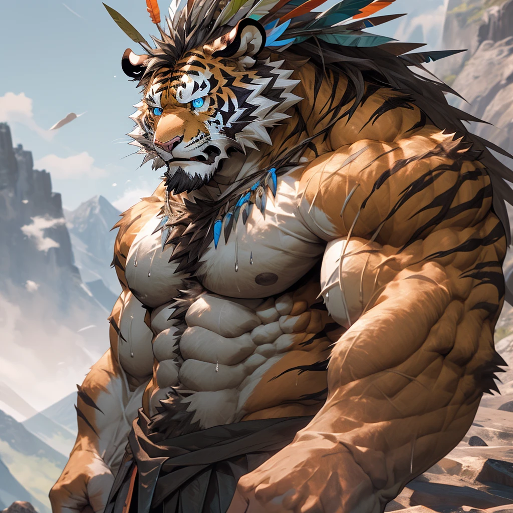 Heavy sweating,muscular,Topless,Stand on a cliff at the top of the mountain,hairy,personification,chest hair,Serious expression(Scars on the face) Mature (blue eyes)Huge muscle ripped abs wild, Tribal Chief Tiger