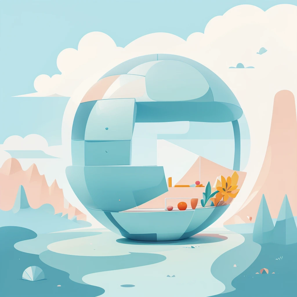 Abstract summer illustratin, minimal, vector, combination of natural and geometric, two-dimensional, using more color code 00CCCC tone, cyan pastel color
