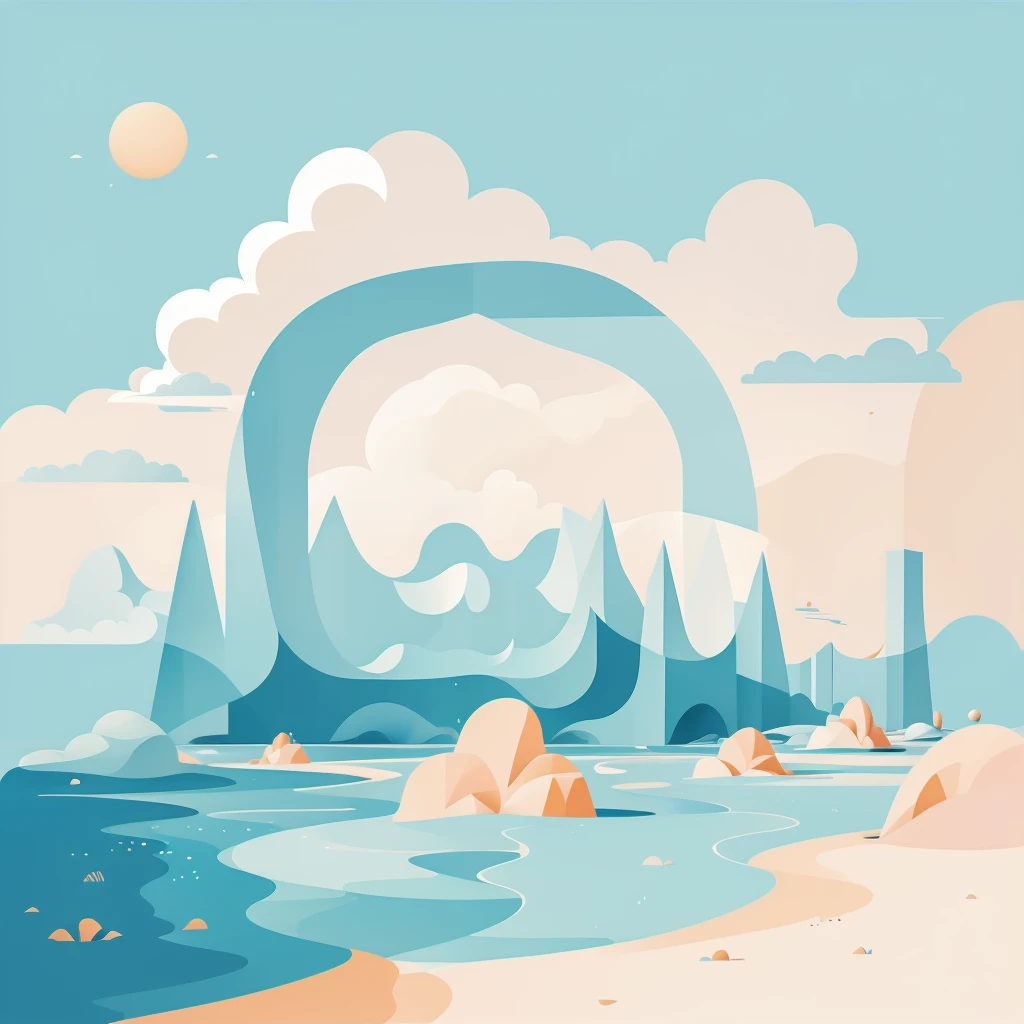 Abstract summer illustratin, minimal, vector, combination of natural and geometric, two-dimensional, using more color code 00CCCC tone, cyan pastel color