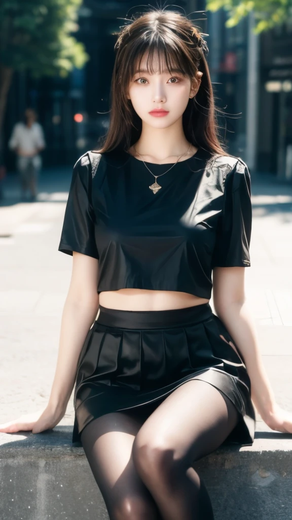 1 girl, best quality, masterpiece, high resolution, [purple|sublevel|green] _hair,Black mini skirt, hair accessory, necklace, Jewelry, Pretty Face, Expected, Full body view, Practical, outdoor, Modern Plaza, Two-color lighting, (High Detail Skin: 1.2), 8K UHD, Digital SLR Camera, Soft Light, high quality, Volumetric Light, frank, photo, high resolution, 4K, 8K, Background blur，(Wear pantyhose），Sitting，Black top