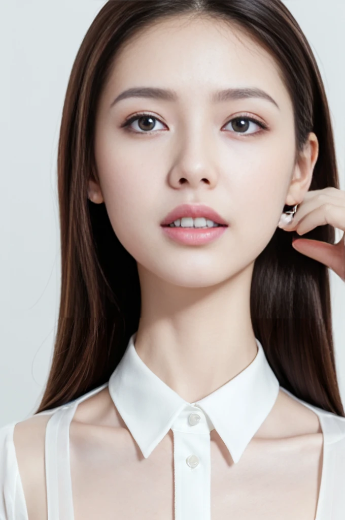 超High resolution, Realistic: 1.4, Highest quality, masterpiece, Utra Dilution), Fashion model, 20 years old,  [[[[col]]]], [[[[bs shoulder]]]], Perfect Eyes, Perfect Iris, Perfect Lips, Perfect Teeth, Perfect Skin, White skin, High resolution, Movie Girl, (((White delicate shirt))), (4K Ultra HD, (pastel colour:1.2)