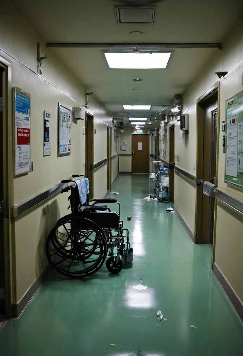 hospital　Crossing corridors　widely　Medical Equipmentなの小道具が置いている　Darken overall　The lights are barely on　A cord hangs from the ceiling　Paper and medicine bottles scattered around　Medical Equipment　Wheelchairs and other items are scattered around　There are also signs of barricade construction.　