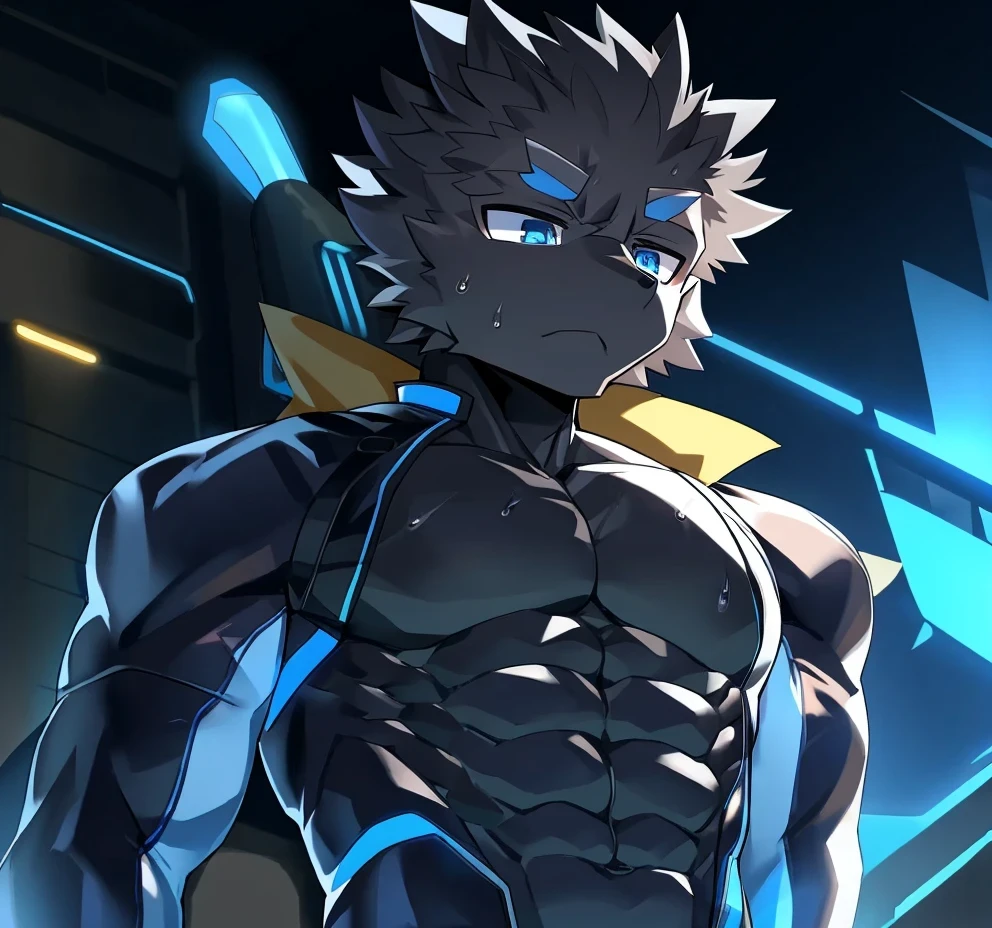 Thin macho western black dragon abs Hollow abs body suit thick arms chest rig 、sweaty skin glow profile Wearily short of breath Chemo shota
have a blue eyes Tired look jacket