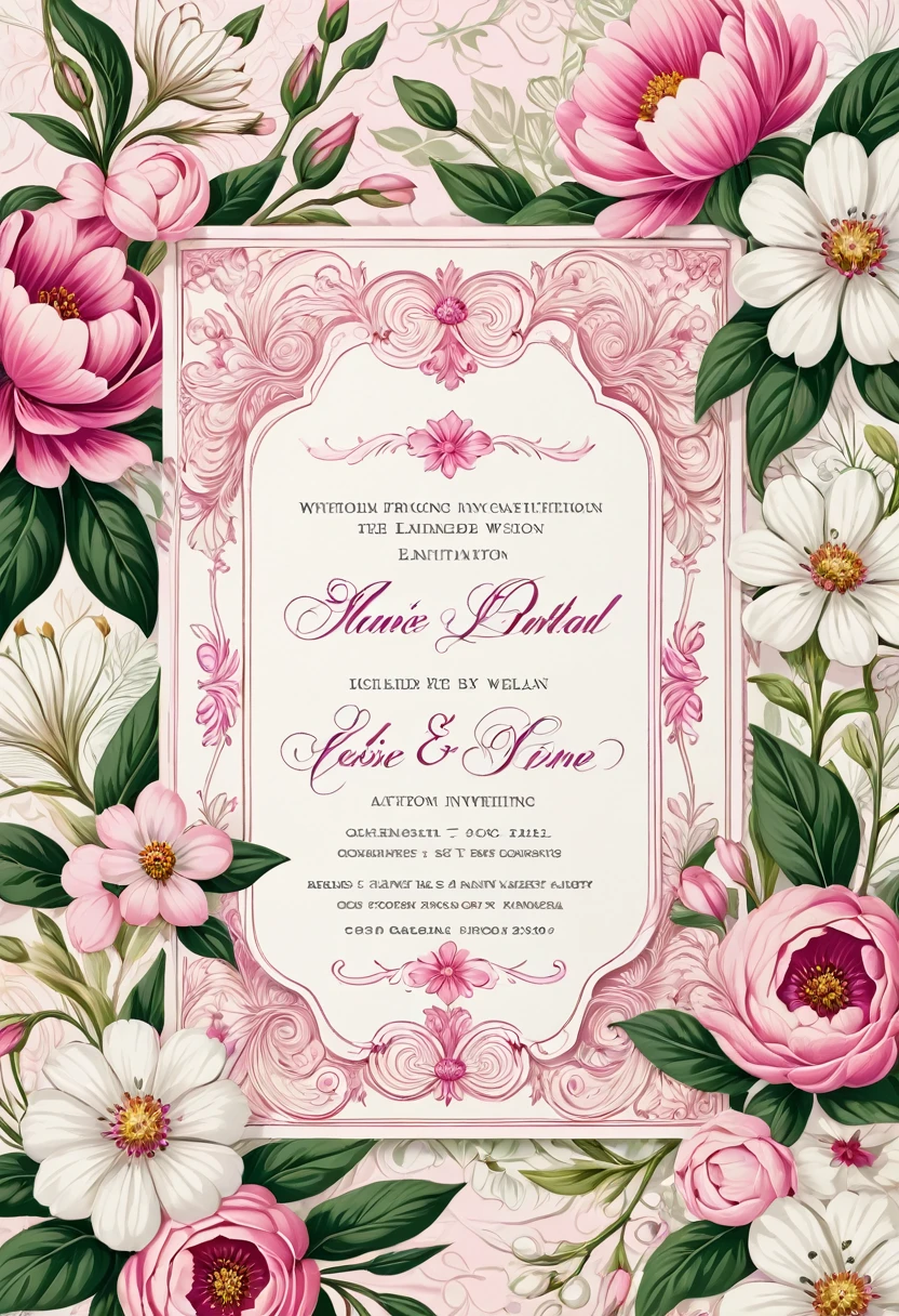 Floral wedding invitation with pink and white flowers, Invitation cards, retro and romantic, Retro - w 1 0 2 4, Complex details, Copperplate print style, describe, Pleasant environment, artwork, shutter, fascinating, Inspired by Elsie Dalton Hewland, Intricate background, 🌸 🌼 💮, Inspired by Richmond Barthé, Victorian Era