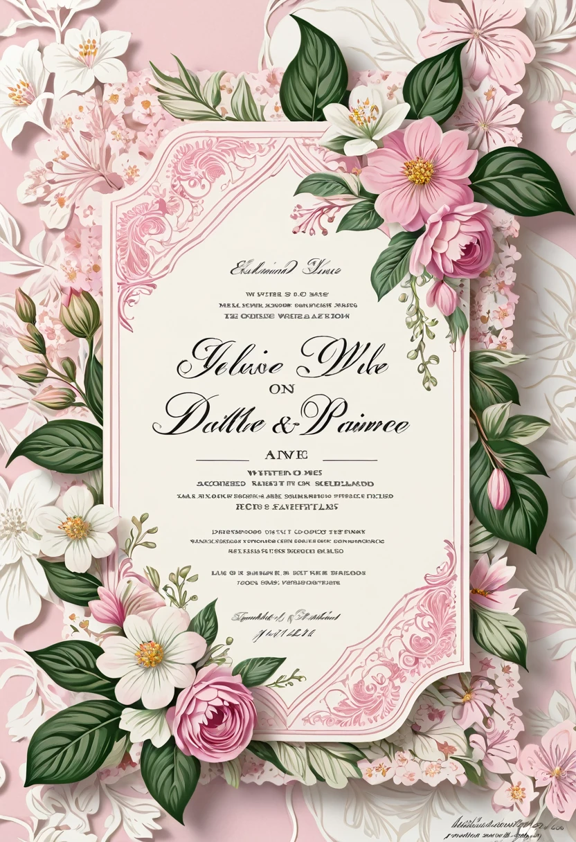 Floral wedding invitation with pink and white flowers, Invitation cards, retro and romantic, Retro - w 1 0 2 4, Complex details, Copperplate print style, describe, Pleasant environment, artwork, shutter, fascinating, Inspired by Elsie Dalton Hewland, Intricate background, 🌸 🌼 💮, Inspired by Richmond Barthé, Victorian Era