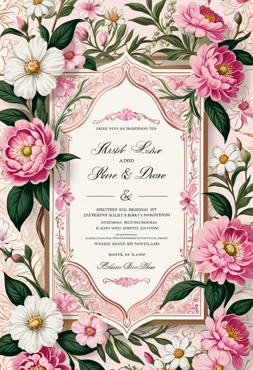 Floral wedding invitation with pink and white flowers, Invitation cards, retro and romantic, Retro - w 1 0 2 4, Complex details, Copperplate print style, describe, Pleasant environment, artwork, shutter, fascinating, Inspired by Elsie Dalton Hewland, Intricate background, 🌸 🌼 💮, Inspired by Richmond Barthé, Victorian Era