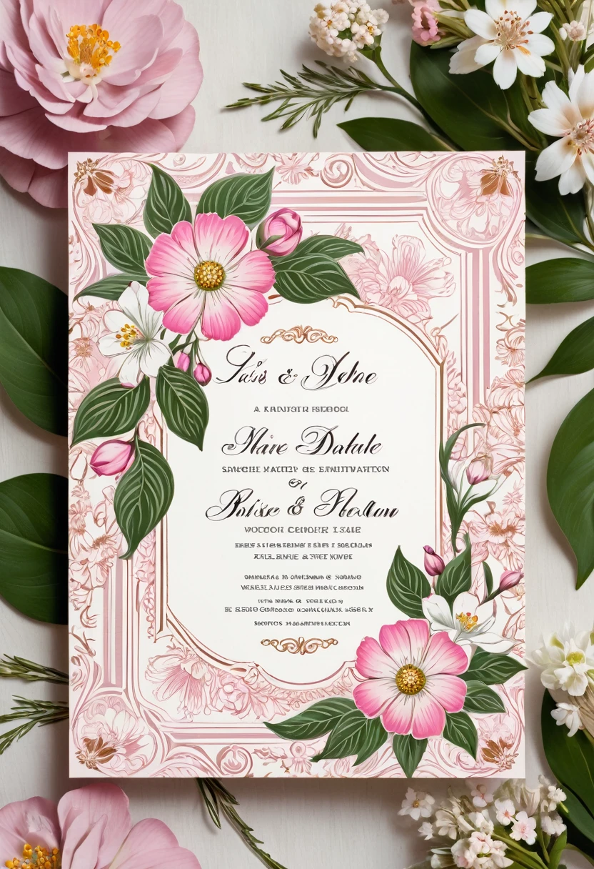 Floral wedding invitation with pink and white flowers, Invitation cards, retro and romantic, Retro - w 1 0 2 4, Complex details, Copperplate print style, describe, Pleasant environment, artwork, shutter, fascinating, Inspired by Elsie Dalton Hewland, Intricate background, 🌸 🌼 💮, Inspired by Richmond Barthé, Victorian Era