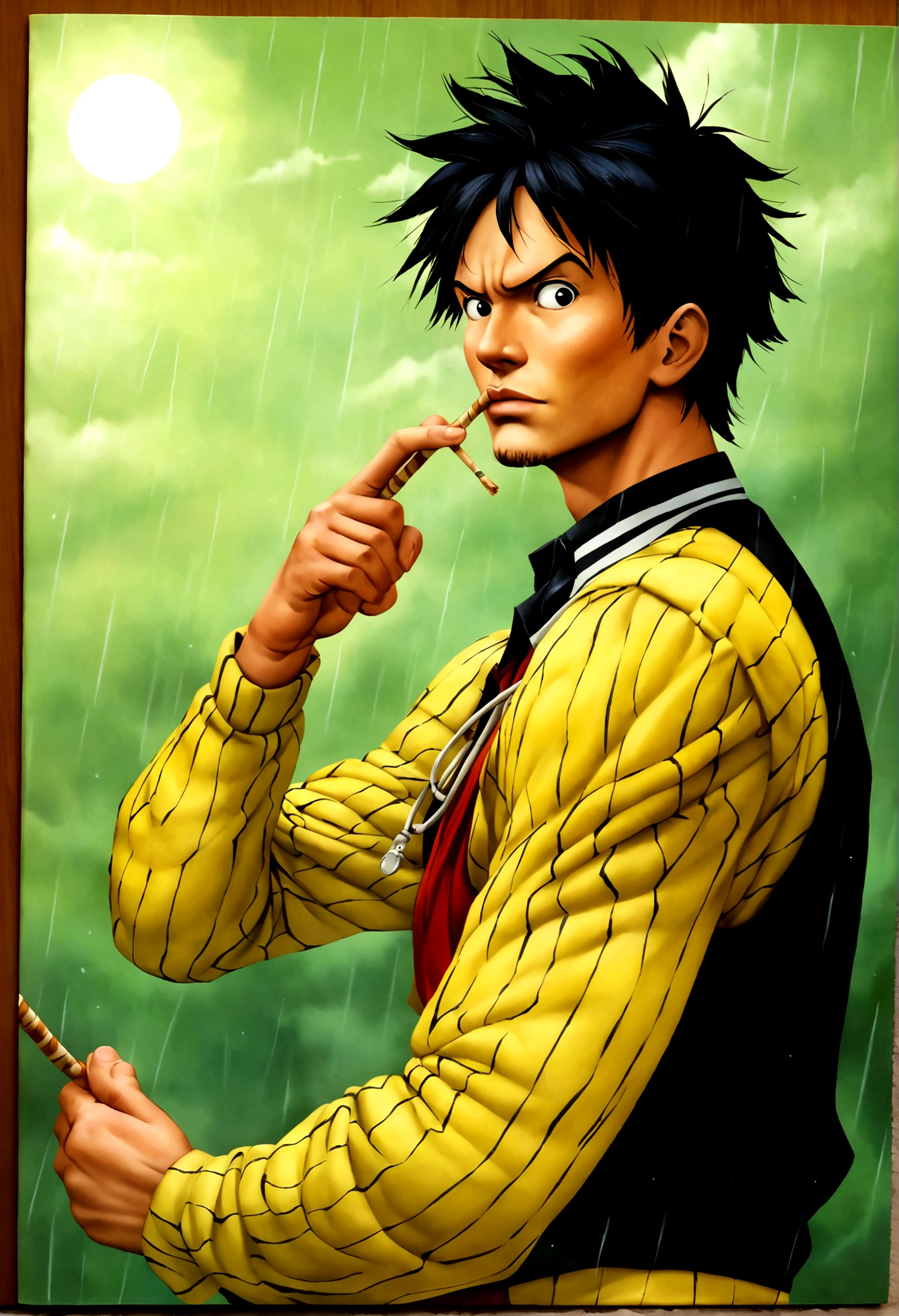 Chico anime con cigarrillo en mano y cigarrillo en la boca bajo la rain, Sanji, in one piece, kentaro miura manga art style, rain!!!!, beefy, Kentaro Miura Art, colored manga scan, biseps, Detailed anime key art, Directed by: Kentaro Miura, arte the fan, Directed by: Eiichiro Oda, inspired by Eiichiro Oda, Advanced Digital Realism Art.