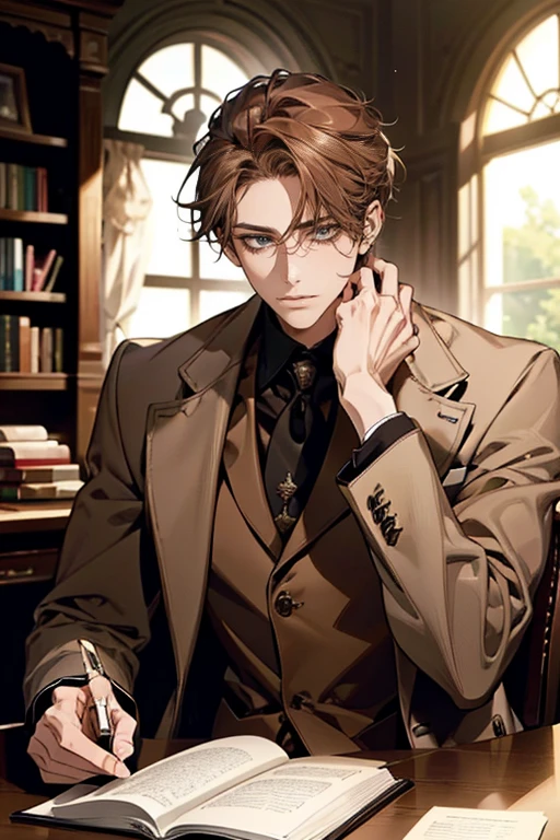 (Masterpiece artwork, high resolution, ultra detali:1.0), (ung boy, young male), Eyes looking at the camera, perfect male body, extremely detailed CG, 8 k wallpaper, Complicated Details, just people, face detailed,(chestnut hair, eyes browns, white  shirt, brown overcoat,brown suit vest, cups, shadowy face, Sit in front of the laptop, Behind her is a large bookshelf, sitting at the work table, I was in the workroom), Color difference, Depth of field, dramatic shadow, Ray tracing, best qualityer, cinematic lighting, Dark lighting of the room, offcial art