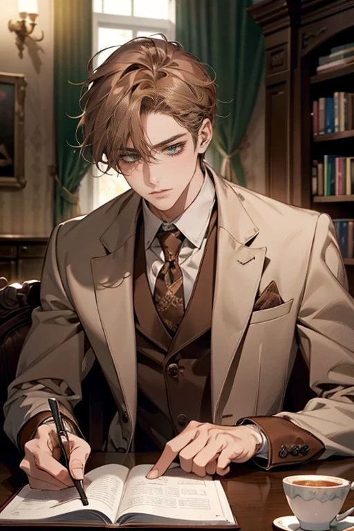 (Masterpiece artwork, high resolution, ultra detali:1.0), (1 young boy, young male), Eyes looking at the camera, perfect male body, extremely detailed CG, 8 k wallpaper, Complicated Details, just people, face detailed,(chestnut hair, eyes browns, white  shirt, brown overcoat,brown suit vest, cups, shadowy face, Sit in front of the laptop, Behind her is a large bookshelf, sitting at the work table, I was in the workroom), Color difference, Depth of field, dramatic shadow, Ray tracing, best qualityer, cinematic lighting, Dark lighting of the room, offcial art