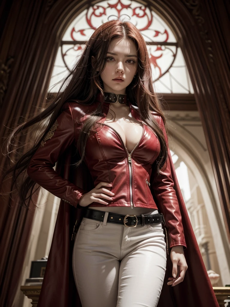 photograph, In a kingdom where colors are bright, Red appears, the fearless daughter of the Queen of Hearts. With long, flaming hair like the red of the roses in the royal garden, she displays an imposing and determined presence. Her red modern clothes red leather jacket, white shirt with red heart with thorns, red leather pants, rebellious, reflects the rebellion and bravery that runs through her veins. The chest of the shirt is adorned with the symbol of a heart, her eyes, intense eyes dark, transmitting a mixture of wisdom and ferocity. Wielding an imposing sword with a sharp blade and an ornate guard,