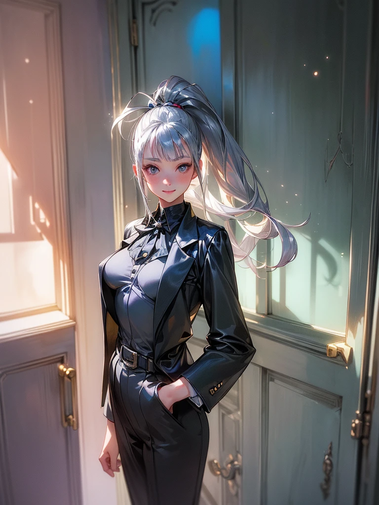 ((masterpiece)), ((Highest quality)), (Professional photography), (Photorealistic:1.3), One girl, Cute Teenage Girls, (Cute Smile), (Sexy pose), ((Beautiful heavy formal suit)), Beautiful slender body, Barely exposed small breasts, (Silky silver hair), ponytail, Cute eyes, Particles of light, Neon Light, ((Door)), Coin Belt, (Beautiful arid region),
