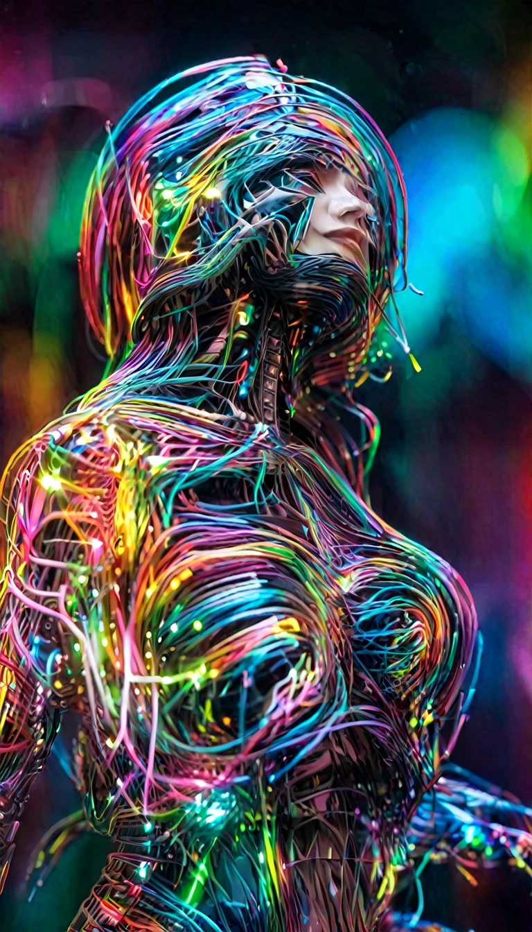 8K,RAW Photos,Highest quality,masterpiece,reality,reality的,Very detailed,live-action,Very beautiful woman,Android,cyborg,cyber-,slim,Electronic device body,((Very detailed電子機器)),(A body with clearly visible internal electronics)Connection line,Wet body,Wet long hair,Advanced AI, (Seamless integration of organic and mechanical elements),element,neon,Rainbow Skin,transparent,Glass,future,Glamour,Large Breasts,Live Action,Fantasy,movie,whole body,85mm camera,Portrait,