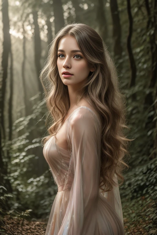 a beautiful sexual fairy, detailed ethereal face, long eyelashes, full lips, delicate skin, flowing hair, , iridescent colors, magical forest background, fantasy landscape, photorealistic, 8k, hyper detailed, cinematic lighting, dramatic shadows, vibrant colors, intricate details, full body