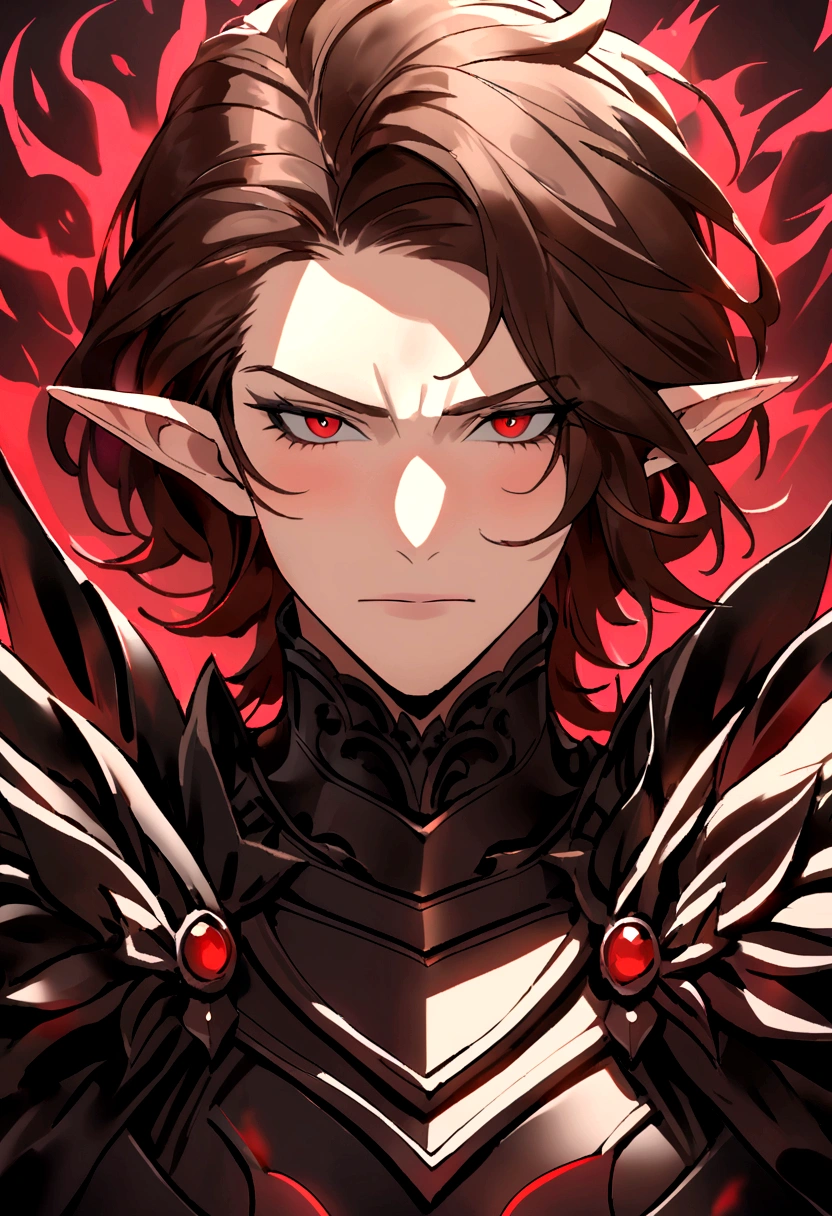 Portrait of a noble knight,Dignified,Royal Knights,armour,opulent,ultra - detailed,realisticlying, elf male, menacing red aura, long brown hair