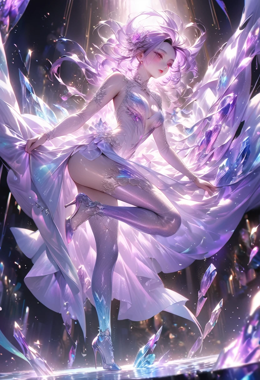 crystal covered, (Full body :1.3), alternate color, masterpiece, detailed illustration, realistic, pixiv top quality, exquisite, {{{kawaii 1girl}}}, ultra beauties who fuse with machines, glitter beautiful female, Half of my body is made of machines, cinematic lighting, dynamic angle, dynamic pose, crystal world, depth of field,Shiny socks,Crystal stockings,Crystal high heels
