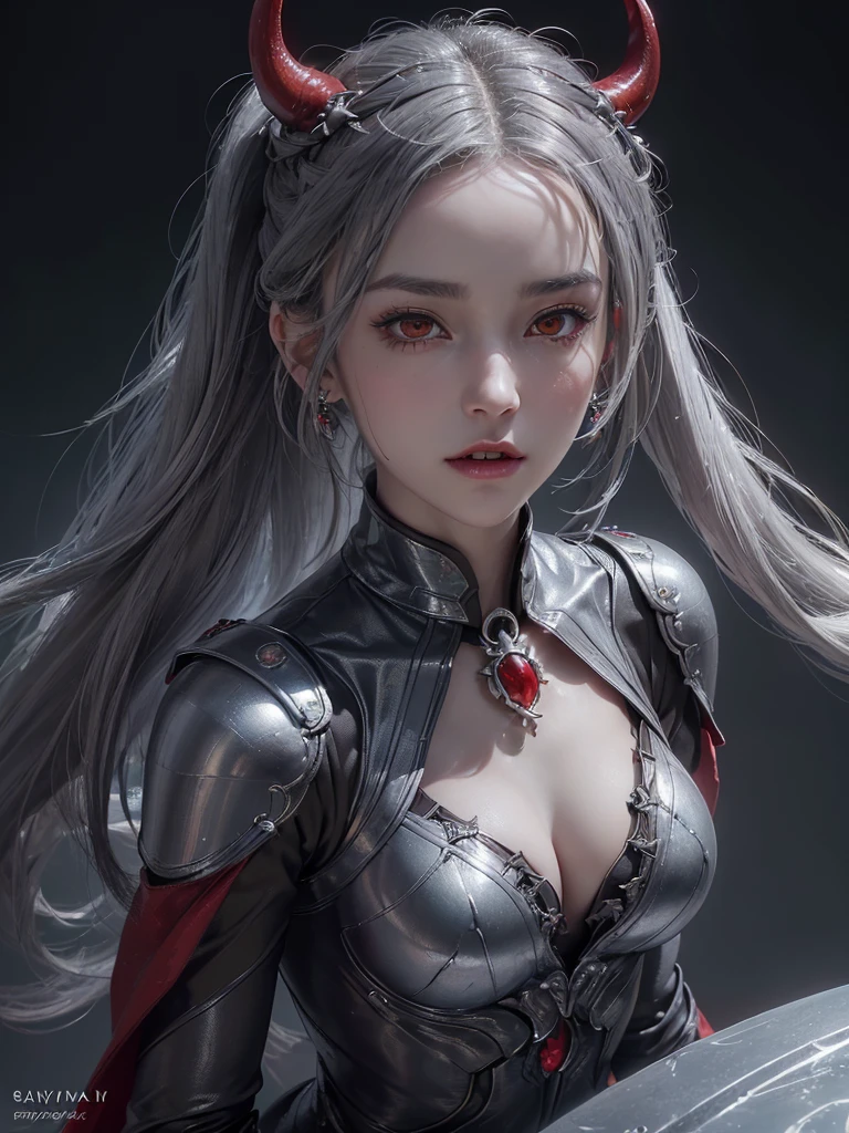 Masterpiece,Best quality,High resolution,8K,((Portrait))),((Head close-up)),(Original photo,Real photo,Digital photo,27 year old girl,Ponytail, ((gray hair)),((eyes red,devil eyes)), jewelry,Beautiful elegant,Arrogant,Noble and charming,(fantasy battle suit)),((devil body)),(battle girl), photo pose,Night,oc render reflection texture