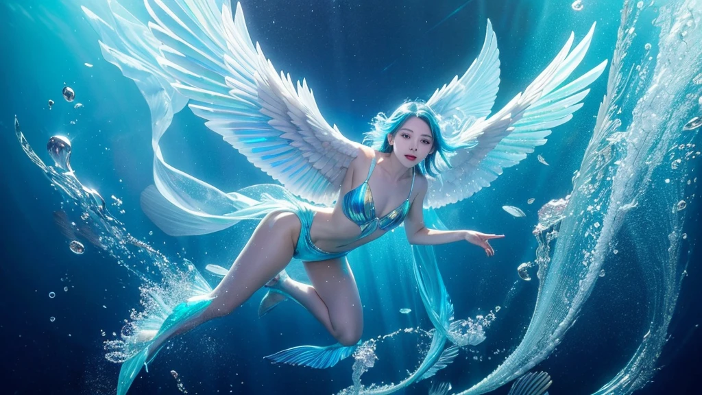 Prompt: “A fish with iridescent wings swimming in the deep sea, leaping out of the water and soaring through the air, resembling a celestial angel, capturing the enchanting Aquaris Seraphim.”