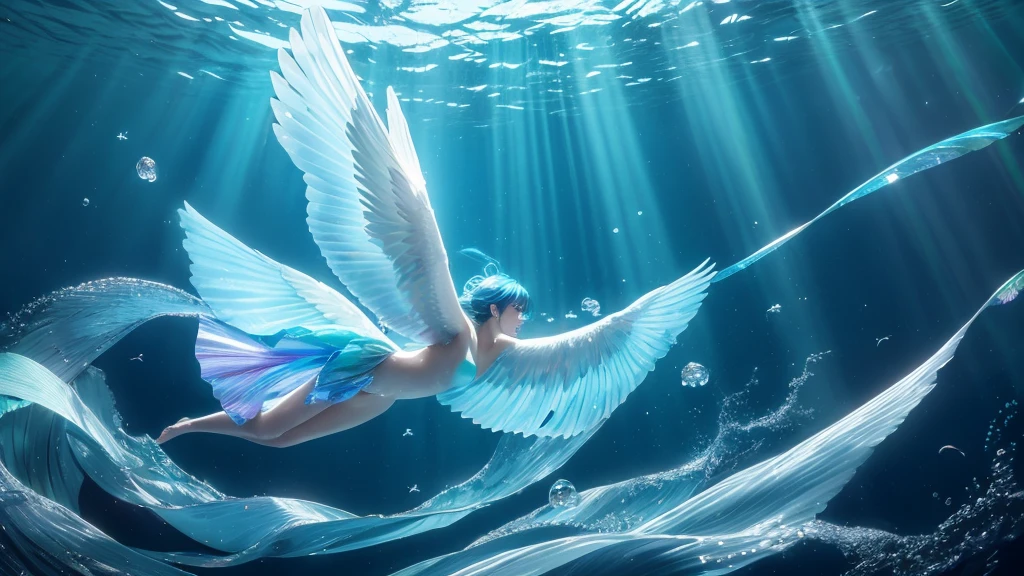 Prompt: “A fish with iridescent wings swimming in the deep sea, leaping out of the water and soaring through the air, resembling a celestial angel, capturing the enchanting Aquaris Seraphim.”