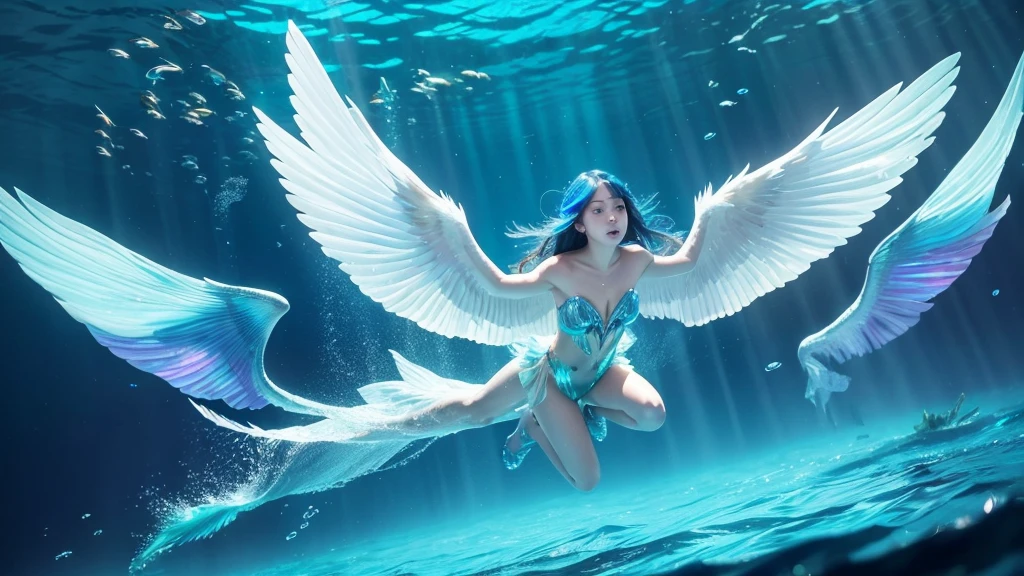 Prompt: “A fish with iridescent wings swimming in the deep sea, leaping out of the water and soaring through the air, resembling a celestial angel, capturing the enchanting Aquaris Seraphim.”