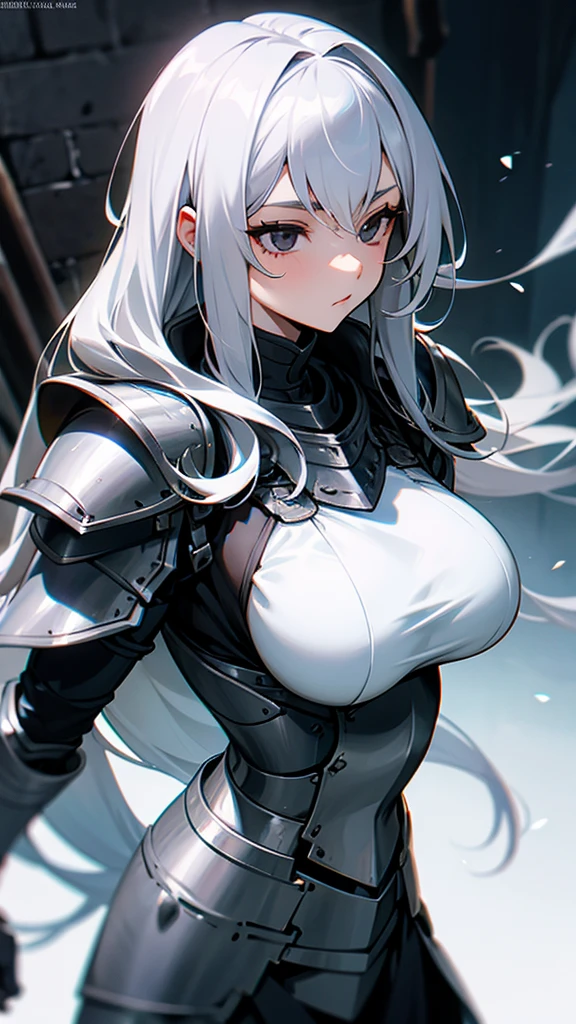 long silver hair girl, black eyes, big breasts, knight armor, Age 18, human
