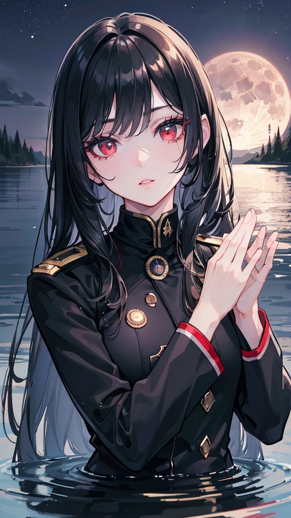 a beautiful young girl in a black military uniform, black long hair, red eyes, standing under a full moon with the moonlight casting shadows on her face, reflected in the calm waters of a lake, with ethereal, fantastical atmosphere, (best quality,4k,8k,highres,masterpiece:1.2),ultra-detailed,(realistic,photorealistic,photo-realistic:1.37),highly detailed face, eyes, lips, long eyelashes, dramatic lighting, dramatic shadows, beautiful detailed eyes, beautiful detailed lips, extremely detailed eyes and face, long eyelashes, military uniform, black hair, red eyes, full moon, moonlight, lake, water reflection, light particles, fantasy, dramatic, cinematic