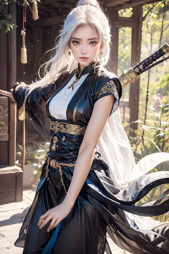 ,One huge breasted girl,Holding the hilt of a sword,片Sword in hand,Long sword,Sword without sheath,Sword in hand,Hanfu,boots,Fingerless gloves,Blossom Its,petal,White Hair,One huge breasted girl,Fingerless gloves,Flowers Bloom,solo,arms,White Hair,High detail,Ultra-realistic,Verism,((Bust photo)),(Actual photo:1.4),(Light and dark contrast),Cinema Lighting,Realistic special effects,C4D Rendering,Rendering with Octane,Ray Tracing,Panoramic View,viewing angle,Texture Skin,Super Detail,Hyper HD,masterpiece,Anatomically correct,Highest quality,High resolution,8K