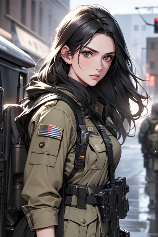 (best quality,4k,8k,highres,masterpiece:1.2),ultra-detailed,realistic,photorealistic:1.37, 22 year old woman with straight black hair wearing a black military uniform in a war setting 