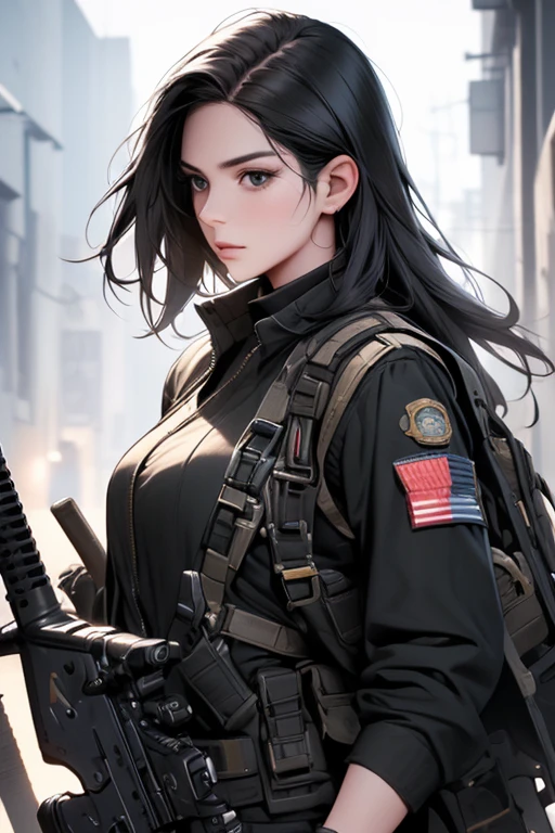 (best quality,4k,8k,highres,masterpiece:1.2),ultra-detailed,realistic,photorealistic:1.37, 22 year old woman with straight black hair wearing a black military uniform in a war setting 