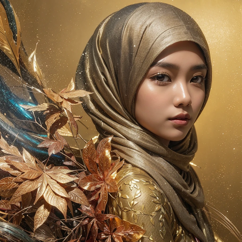 hyper-realistic Young Indonesian Woman Facing the camera, with metallic textured Hair, in shades of Gold and Copper, her dress flows gracefully with leaf-like patterns and colors that reflect the light. following the Rule of Thirds, elements of Indonesian culture, and apply artistic techniques such as impasto alcohol ink splashes and oil painting effects, light particles.