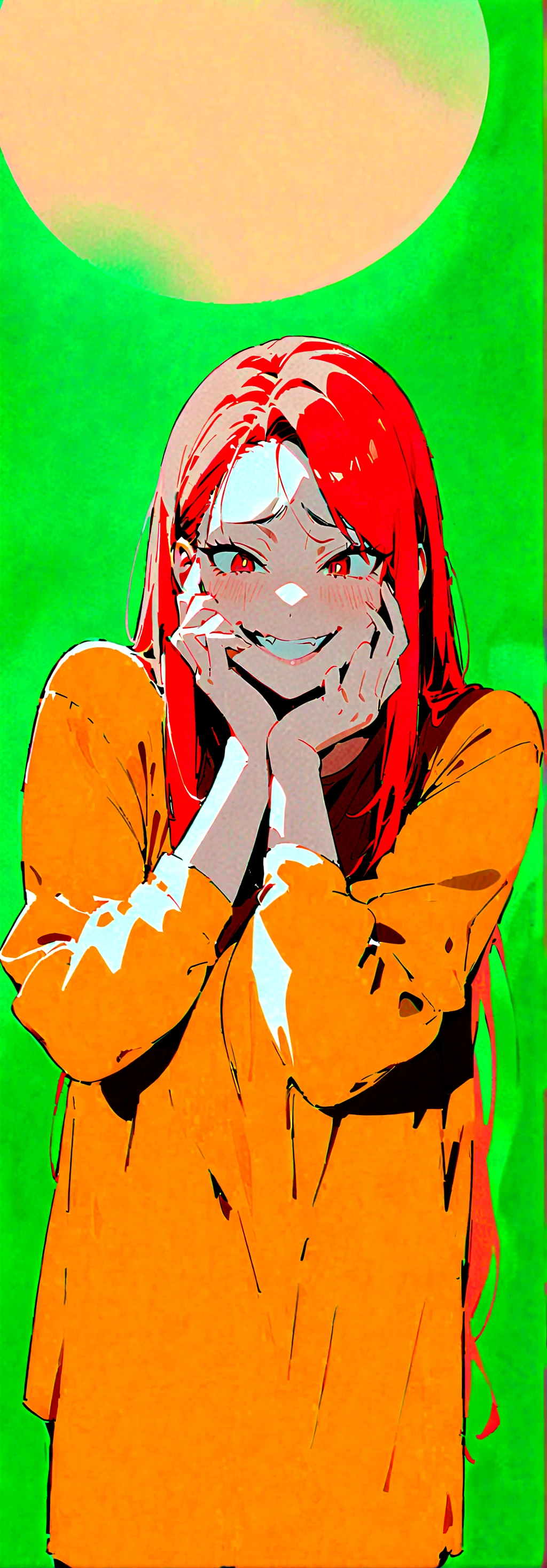 (Masterpiece:1.2, Best Quality), 1 woman posing with her hands on her face, whole body, T-shirt, Casual, big breasts,long red hair, minimal makeup,pale,Natural fabrics, closeup face, evil smile, bright red eyes circular pupils,8K high resolution, detailed lines, ((whole body))