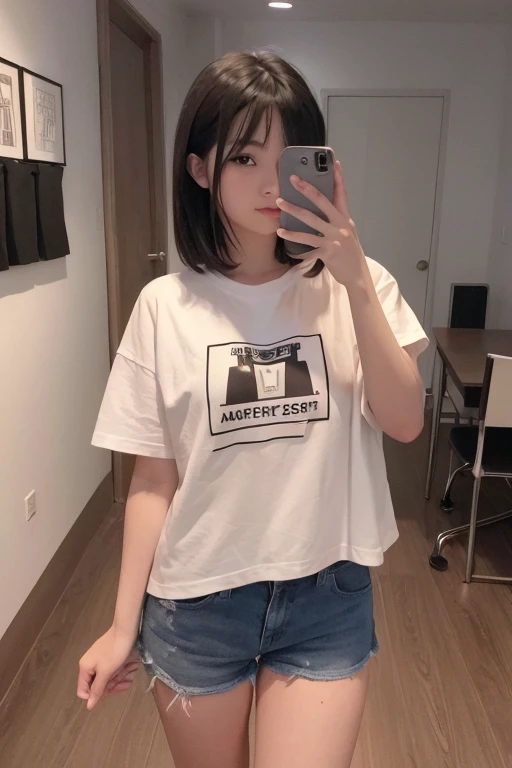 Masterpiece,Highest quality,Realistic,tits,Big Breasts,valley,Great style,Small waist,Japanese,photograph,cute,30-year-old woman,clear,Fair skin,Beautiful black eyes,Shiny black hair,short hair,smile,clothing(White T-shirt,Shorts)Staring at the audience,Off-shot,Selfie,Room at home,