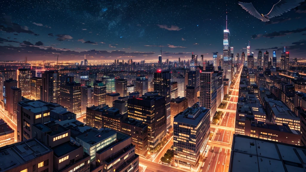 Create a detailed illustration of a vast urban landscape with numerous buildings, focusing on a nighttime city. In the distance, on the rooftop of one of the buildings, there should be a girl with long red hair playing the piano. The cityscape features a mix of architectural styles, with tall skyscrapers and smaller buildings creating a dynamic skyline. The atmosphere is serene and slightly melancholic, with the city illuminated by soft blue lights from the buildings' windows and streetlights. The girl on a rooftop in the distance should be clearly visible, playing a grand piano under the glow of the city lights. A few birds can be seen flying in the sky. There are small parks and green spaces interspersed among the buildings, providing a touch of nature within the urban environment. The sky is filled with stars, adding to the tranquil atmosphere of the scene. The image should convey a moment of peace in the midst of a chaotic and difficult day.