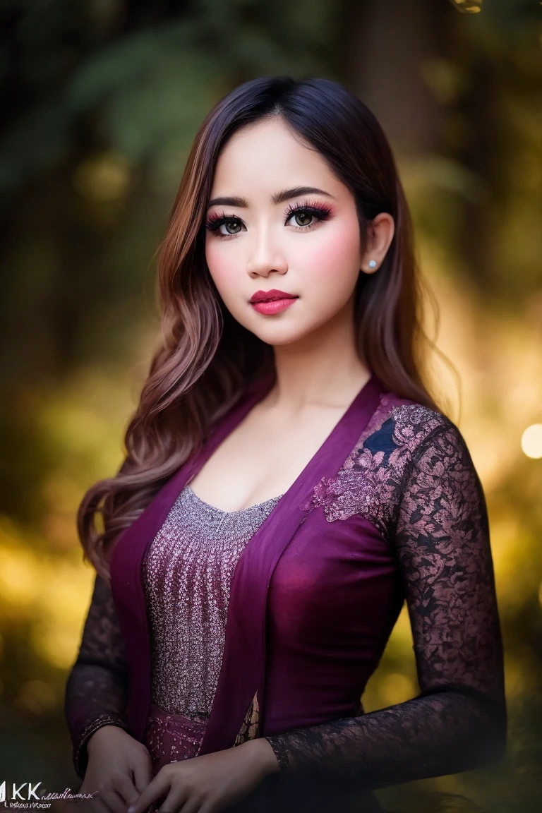 Create a photorealistic masterpiece of a beautiful woman with long hair wearing traditional Indonesian kebaya attire. Set her against a dark, forest backdrop with a captivating glow in the background and bokeh effect. Ensure the image quality is 8K with ultra-realistic details.,kebaya,kebaya indonesia